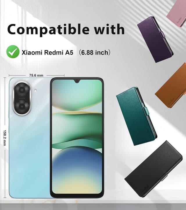 Detalle 2 de Yunubeyii Handyhülle für Xiaomi Redmi A5 mit RFID-Blocker, Kartenfächern und Magnetverschluss (Klapphülle mit Ständer) – Schwarz