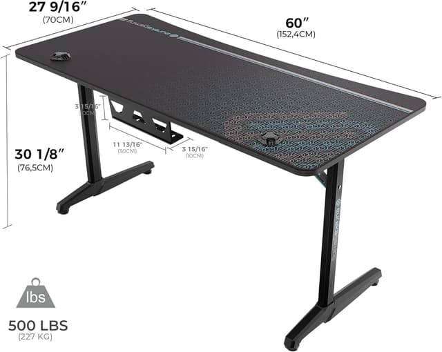 Detalle de EUREKA ERGONOMIC Bureau Gaming 152 x 70 cm avec tapis de souris, porte-gobelet, crochet casque et support manette