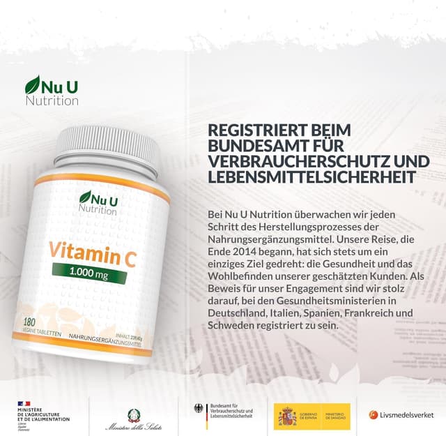 Detalle de Nu U Nutrition Vitamin C 1000mg Hochdosiert 180 Vegane Tabletten