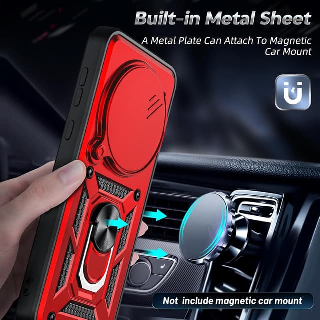 Detalle de LeYi Military Shockproof Case for Honor Magic 7 Pro 5G with Sliding Camera Lens Cover and 360° Ring Stand (Red)