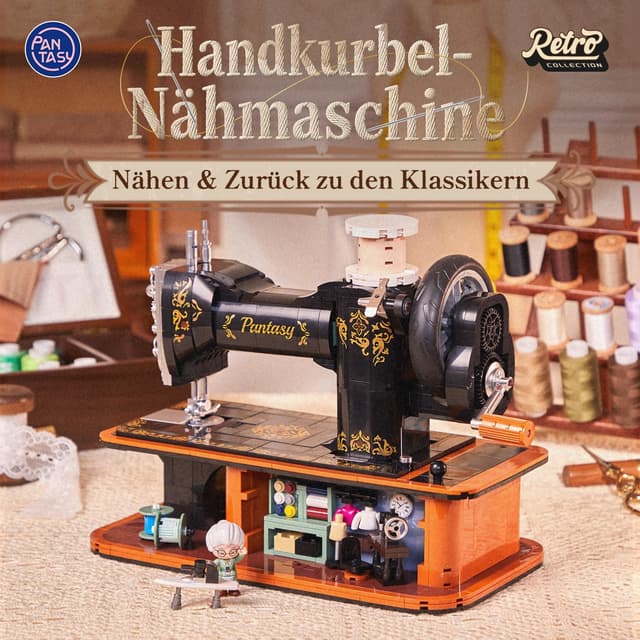 Detalle 2 de PANTASY Retro Nähmaschine Baustein-Modell (Vintage Handkurbel) – mechanischer Zahnrad-Mechanismus & Mini-Schneiderei-Diorama