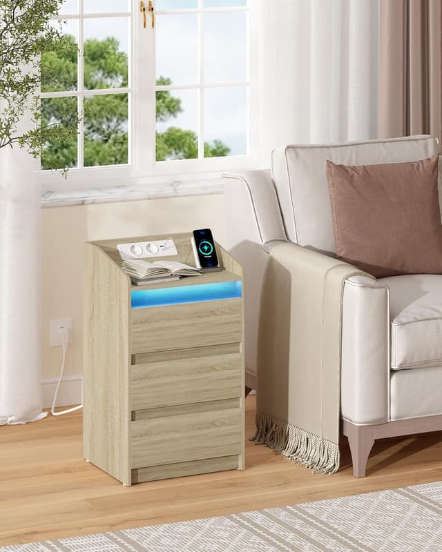 Detalle de Hzuaneri NS40016X table de chevet avec 3 tiroirs, station de charge et LED