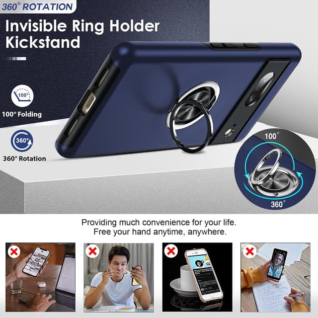 Detalle de LeYi case for Google Pixel 7 (Blue) with 2 screen protectors and invisible metal ring stand