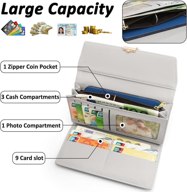 Detalle de Long Purse for Women PU Leather (B-Green) with 9 Card Slots and Zip Coin Pocket