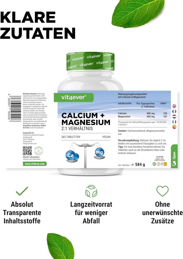 Thumbnail 4 de Calcium 800 mg + Magnesium 400 mg (2 Tabletten) - 365 Tabletten - 6 Monatsvorrat - Kalzium + Magnesium-Komplex im 2:1 Verhältnis - Vegan - Hochdosiert
Calcium 800 mg + Magnesium 400 mg (2 Ta…