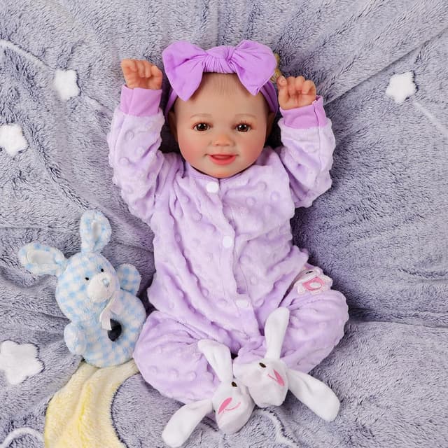 Detalle de BABESIDE Rinato Sunny 17" Bambola neonata in stile reborn viola, corpo morbido in tessuto