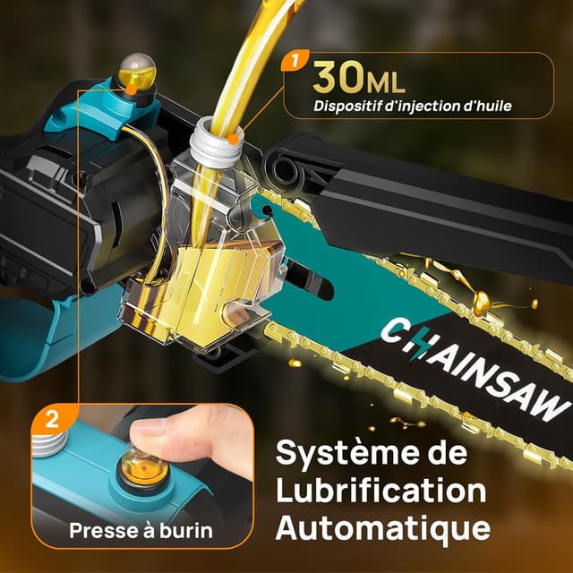 Detalle 2 de VIWKO Mini tronçonneuse sans fil 6 pouces 1000 W brushless, compatible Makita 18V (2 batteries 2000 mAh + 3 chaînes)