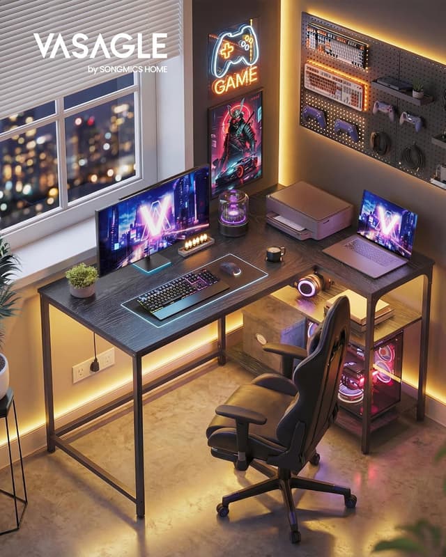 Detalle de VASAGLE Scrivania Angolare a L LWD135BE01 110 x 80 cm con scaffale reversibile e ripiano regolabile in altezza, Nero Ebano