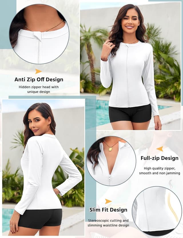 Detalle de Haut de maillot de bain femme Tuopuda à manches longues anti-UV UPF 50+ (rashguard) à fermeture éclair