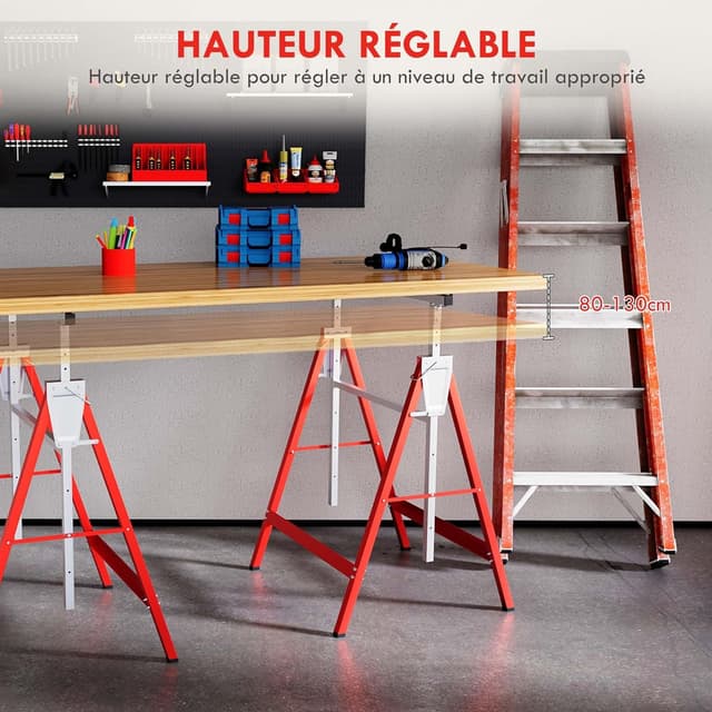 Thumbnail 2 de HOMCOM Lot de 2 tréteaux Pliables télescopiques Hauteur réglable 80–130 cm Rouge