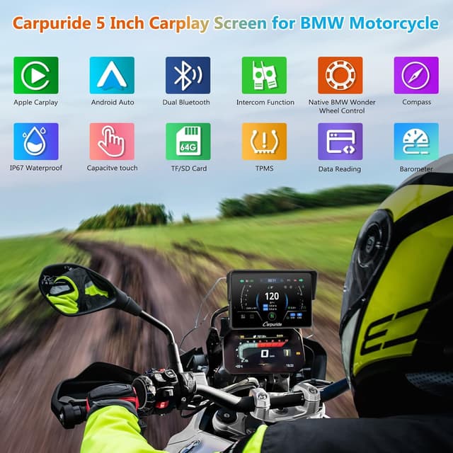 Detalle 2 de CARPURIDE W502BS Pro für BMW-Motorrad: drahtloses CarPlay & Android Auto, Dual-Bluetooth und wasserdichter 5‑Zoll-GPS-Bildschirm