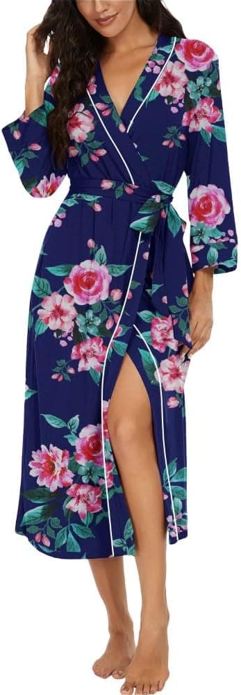 Detalle de PrinStory Damen Bademantel leichter Kimono mit 3/4-Ärmeln