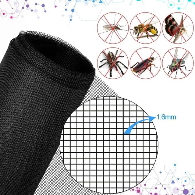 Detalle de BUZIFU Fliegengitter Meterware (Fiberglas), 120 x 250 cm, Schwarz mit Fensterputzbürste – Insektenschutz für Fenster und Türen