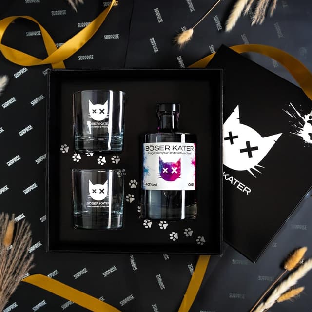 Detalle de BÖSER KATER Magic Berry Farbwechsel-Gin Geschenkset mit 2 Gläsern (0,5 l, 40% Vol.)