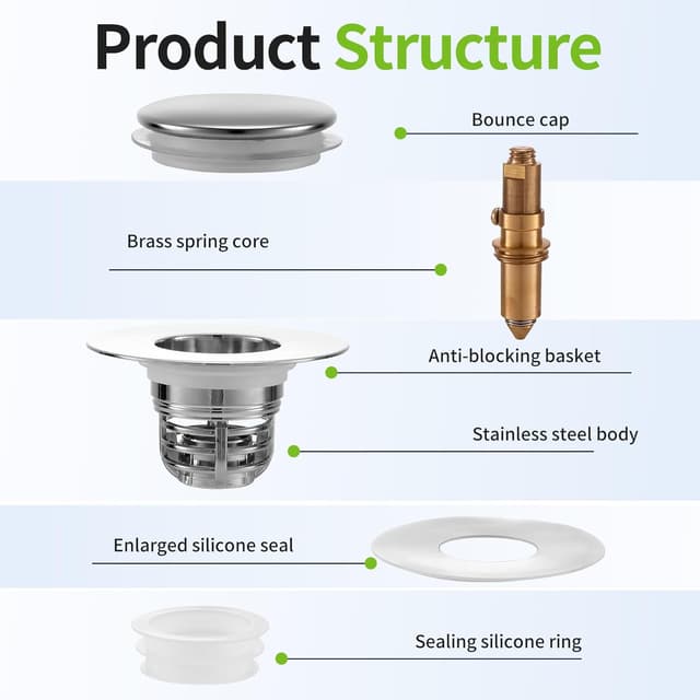 Detalle de MOPUBZO Tappo lavandino bagno universale Pop Up in acciaio inox (2 pezzi) per fori 32–62 mm