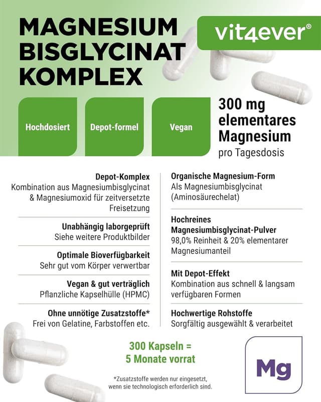 Detalle de vit4ever Magnesium Bisglycinat Depot Komplex mit 300 mg pro Tagesdosis – 300 Kapseln (Magnesiumglycinat als organisches Aminosäurechelat)