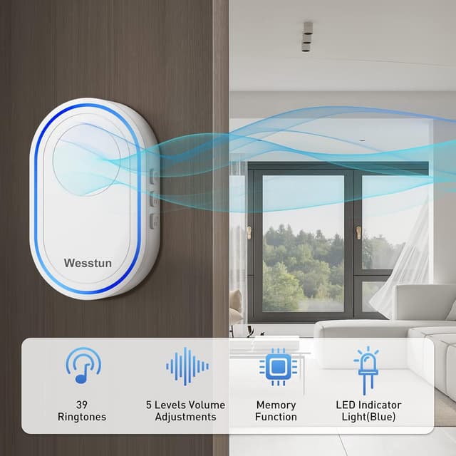 Detalle de Wesstun Wireless Doorbell (Waterproof) with 39 chimes and 5-volume levels, White