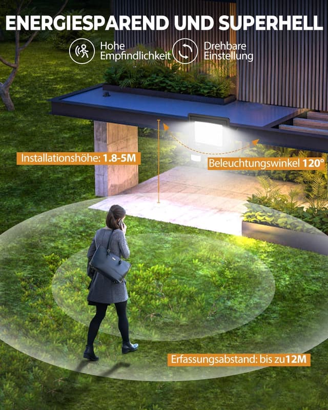 Detalle 2 de vighep 50W LED Strahler mit Bewegungsmelder für außen – 2er-Set, fernbedienbar (IP65), 3 Farbtemperaturen