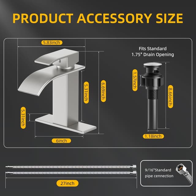 Detalle de ryuwanku Ryuwanku Brushed Nickel Waterfall Bathroom Faucet with Single Handle (SUS 304, for 1 or 3 Holes)