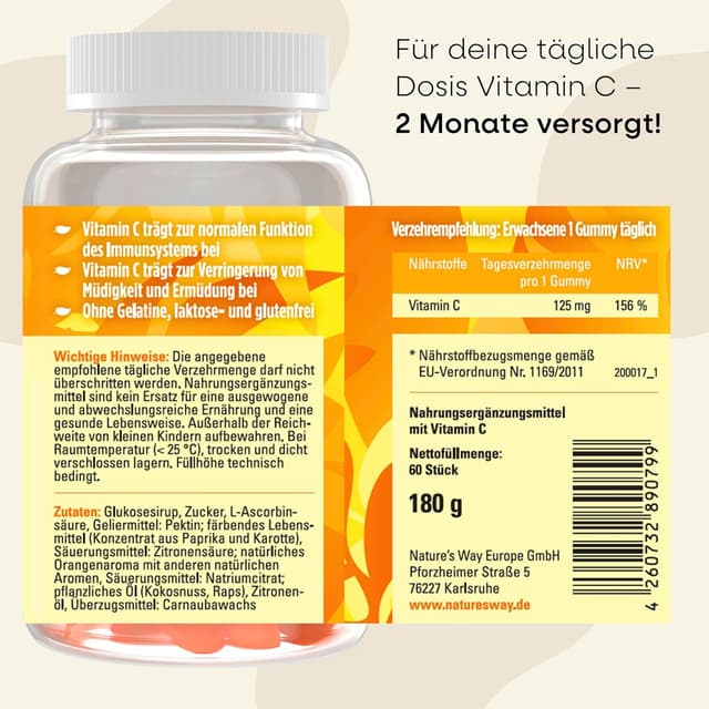 Detalle de Vitamin C Gummibärchen für Erwachsene – hochdosierte Vitamin-C Gummies mit 125 mg, vegan & gluten- sowie laktosefrei (60 Stück)