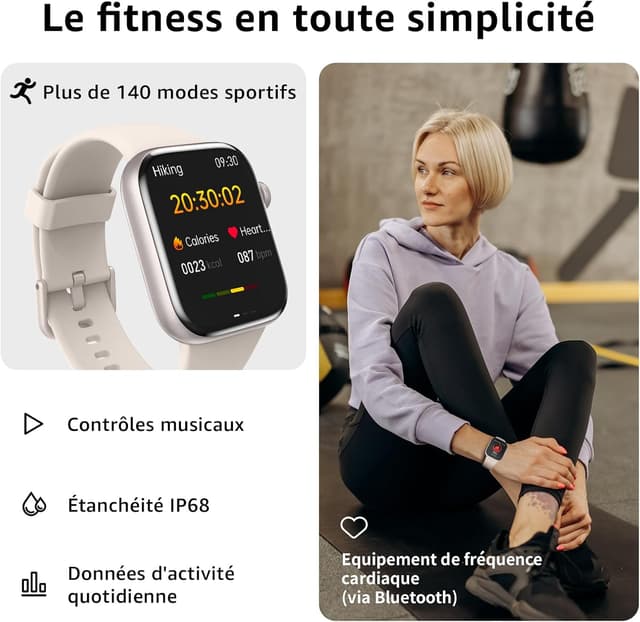 Detalle de AcclaFit Montre connectée homme & femme Bluetooth avec appels, capteurs cardio et SpO2, écran 1,85" HD (IP68)