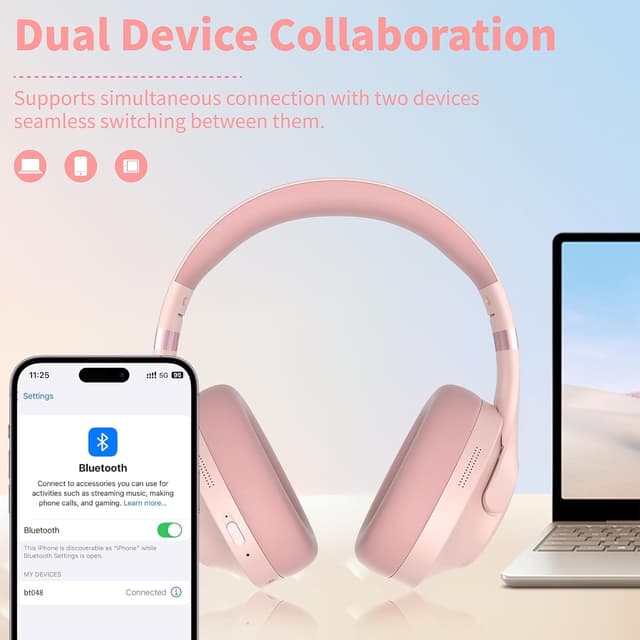 Detalle 1 de Rebocico Active Noise Cancelling Bluetooth Headphones with Mic (100H playtime) – Pink, foldable over-ear