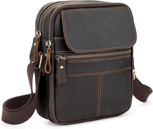 Detalle de BAIGIO sac à bandoulière homme en cuir vintage marron foncé (petit sac besace)