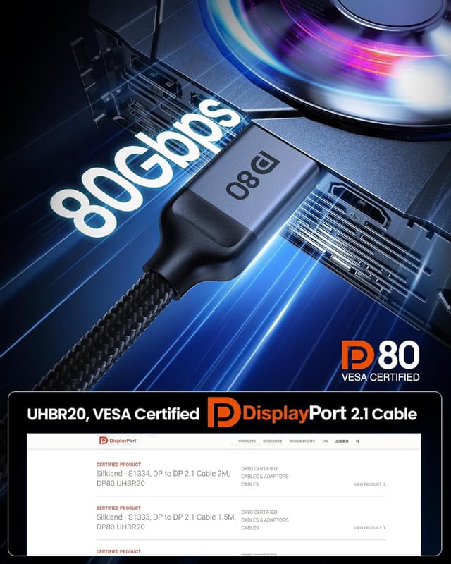 Detalle de Silkland DisplayPort 2.1 Kabel (DP80) 1,5 m – 80 Gbps, VESA-zertifiziert, für 8K@240 Hz und Gaming mit VRR
