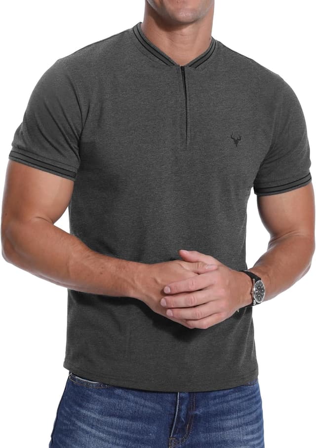 Detalle 2 de PCEAIIH Men’s Henley Zip Stand Neck T-Shirt with Deer Head Embroidery