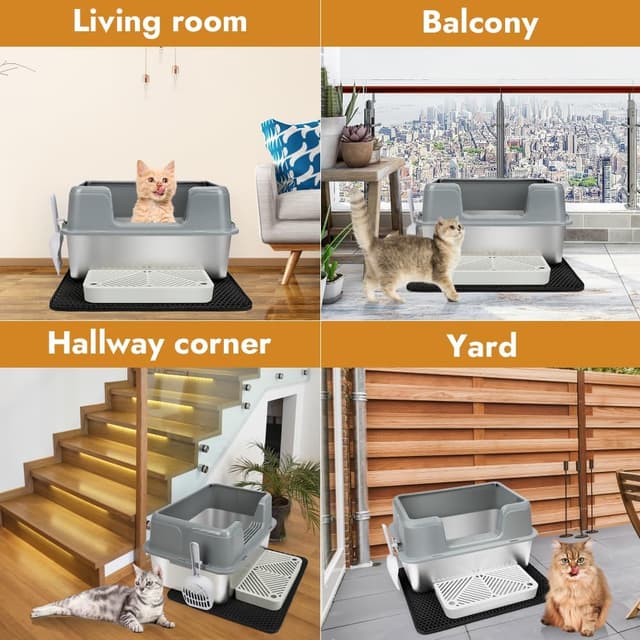 Detalle 2 de Vivifying Katzenklo aus Edelstahl mit Pedal, Schaufel und Matte (grau) – auslaufsicher