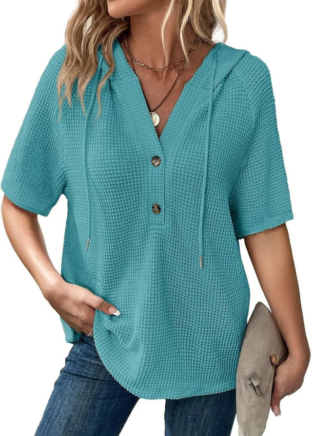 Thumbnail 6 de Dokotoo Waffle Knit V-Neck Drawstring Hoodie Top for Women (Short Sleeve, Button Front)