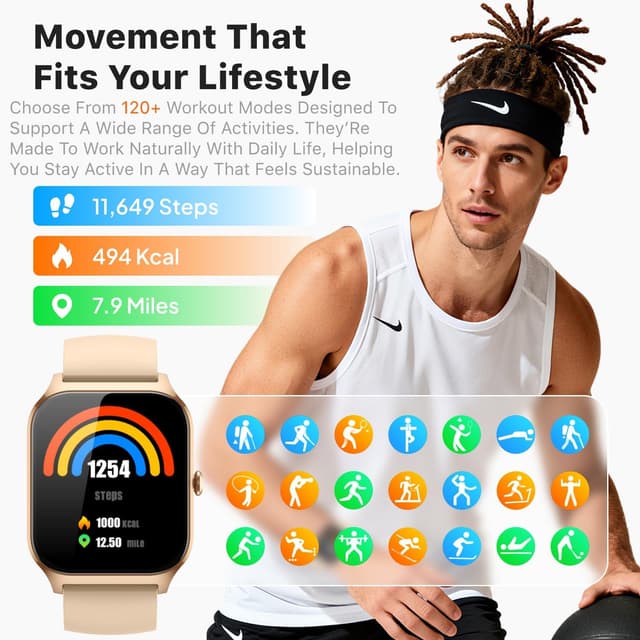 Detalle de Kriutefy smart watch for women & men with call answering, HD display and fitness tracking (Champagne Gold, 2 straps)