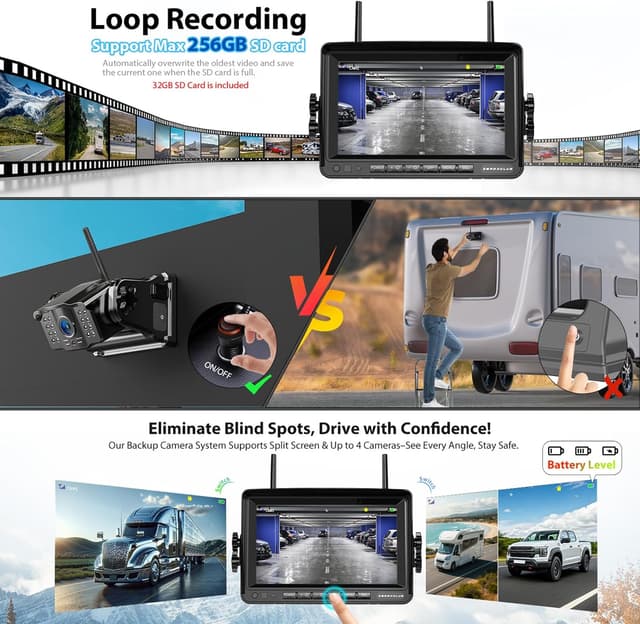 Detalle 2 de ZEROXCLUB Magnetische Rückfahrkamera kabellos (7 Zoll, 1080P, 9600 mAh) mit IP69K-Monitor
