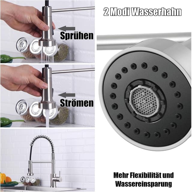 Detalle de HOTTIST Wasserhahn Küche mit Brause, 2 Modi und 360° Drehfunktion aus Edelstahl 304