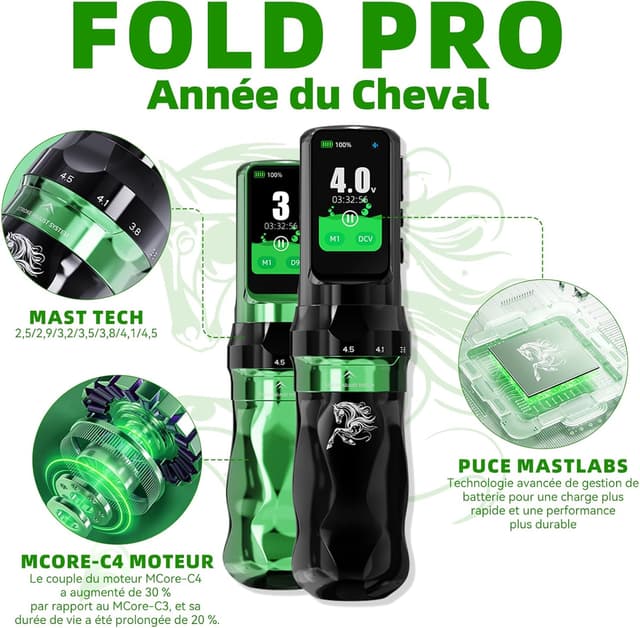 Detalle de Dragonhawk Machine à Tatouer Stylo Fold Pro « Year of the Horse Edition » sans fil (moteur Mcore-C4, 2,5 à 4,5 mm, 7 courses réglables)