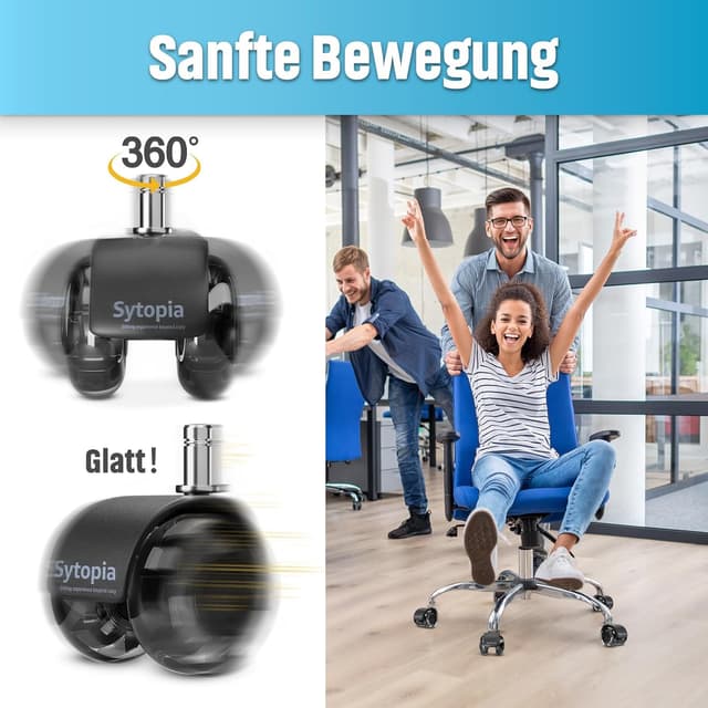 Detalle de Sytopia Bürostuhl Rollen 5er-Set (11×22 mm) – 50 mm Hartbodenrollen, leise Gummilauffläche, schwarz
