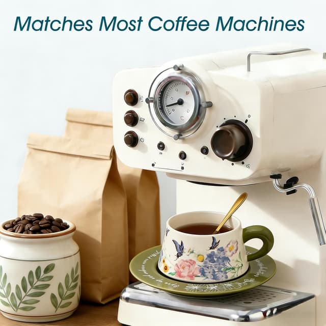 Detalle de ENSFTF coffee cup and saucer set (300ml) with green butterfly & flower pattern