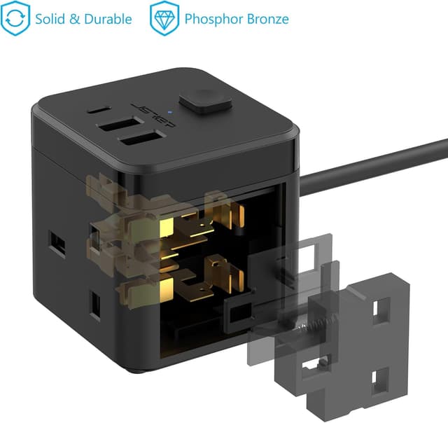 Detalle 2 de JSVER Cube Extension Lead with 3 USB Ports (5V/2.4A) and 3 AC Outlets, 200cm Cable – Black