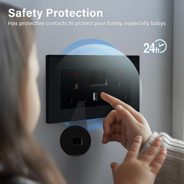 Detalle de BSEED Double 13A switched socket with 2× USB-A and USB-C (18W) and glass panel – Black, UK standard