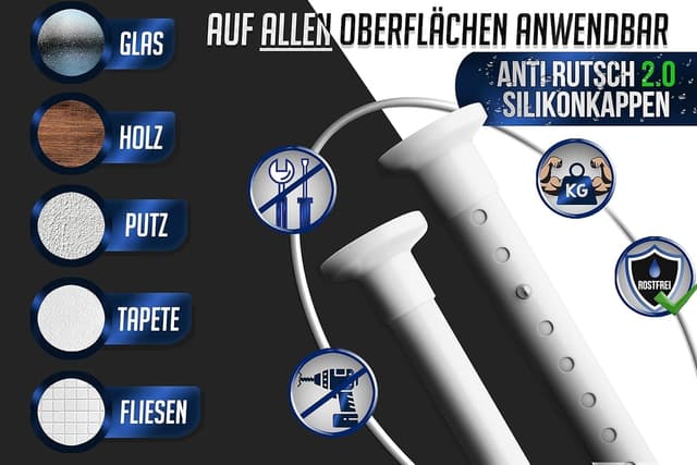 Detalle de MEISENBERG Duschstange ohne Bohren 210–260 cm, weiß – Klemmstange mit Ø 32 mm für Vorhänge, Bad & Balkon