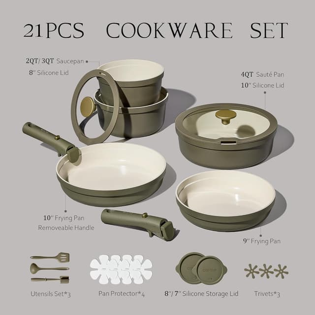 Detalle 2 de Carote 21-Piece Ceramic Nonstick Cookware Set with Detachable Handles (PFAS & PFOA Free) — Olive Green