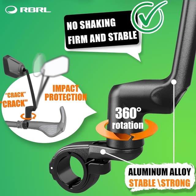 Detalle de RBRL Bike Mirror for Ebike, Aluminium Alloy Handlebar Mount Rear View (Right) – Anti-shake, Foldable HD Glass