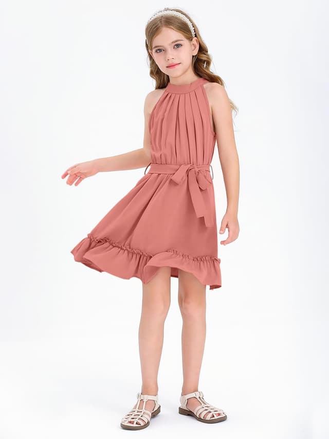 Detalle de Newffr Girl's Halter Neck Tie Waist A-Line Sundress (Mini Swing Pleated Dress) for Ages 4–12