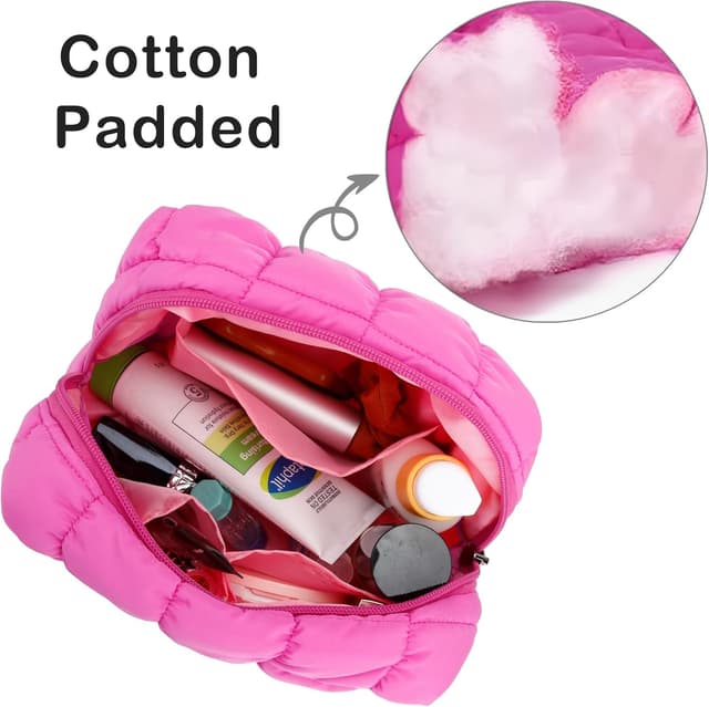 Detalle de E-Tree Quilted Cute Makeup Bag (Checkered, Hot Pink) for Purse & Travel Essentials