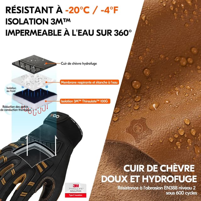 Detalle de Gants de travail thermiques imperméables Vgo… avec doublure Thinsulate, compatibles écran tactile (GA8954FLWP)