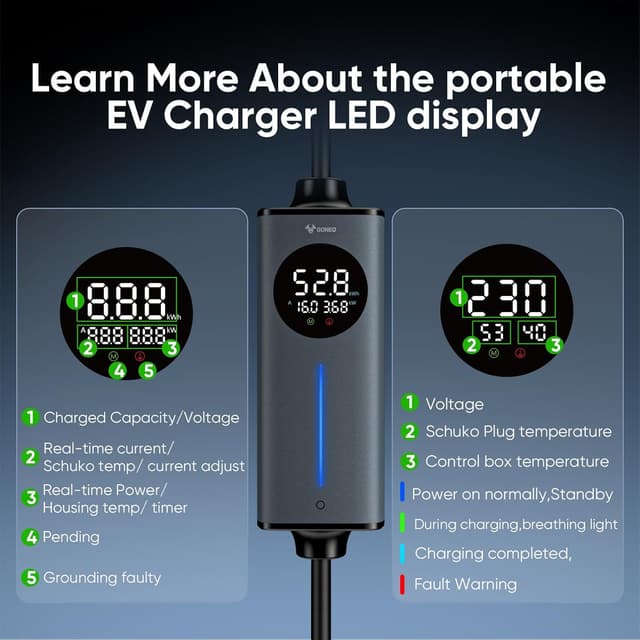 Detalle de GONEO 10M Type 2 EV charger cable (10A, 2.3kW) with UK 3-pin plug and RCD protection