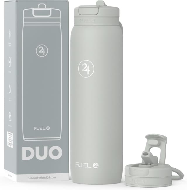 Detalle de Fuel24 Duo stainless steel water bottle (700ml or 1L) with dual-use lid and straw – vacuum insulated flask