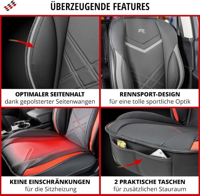 Detalle de Walser Sitzauflage Auto Rey Sitzschoner für Vordersitze schwarz/rot im Rennsport-Design