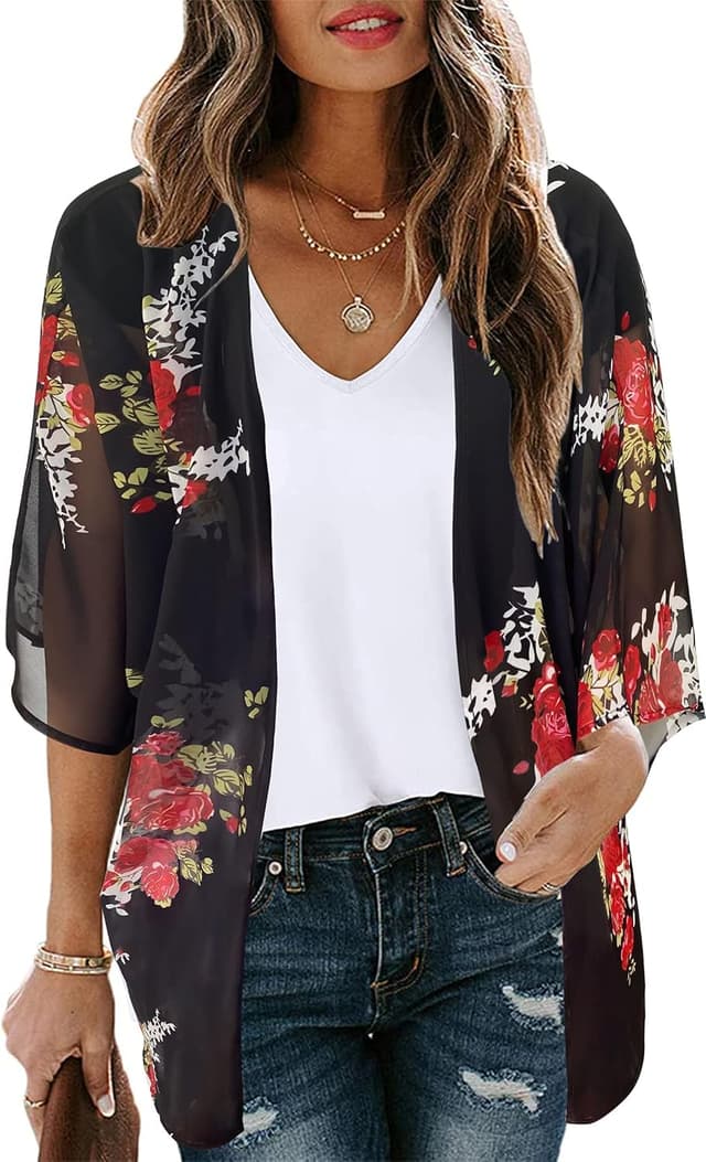 Detalle de Gosunny Damen Sommer-Top / Strandkimono im Boho-Look als Bikini-Cover-up (Oversize, Blumendruck)