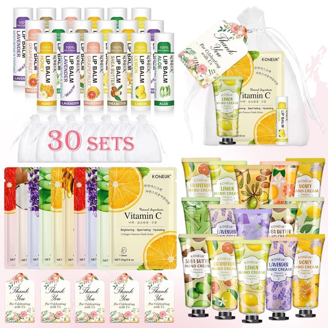 Detalle de KONEUK 30-Pack Bulk Facial Mask, Hand Cream & Lip Balm Sets for Easter Baskets, Teachers, Nurses & More